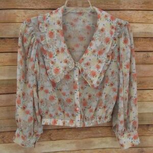 Ibell Zhang  V-Neck Large Lapel Floral Blouse M